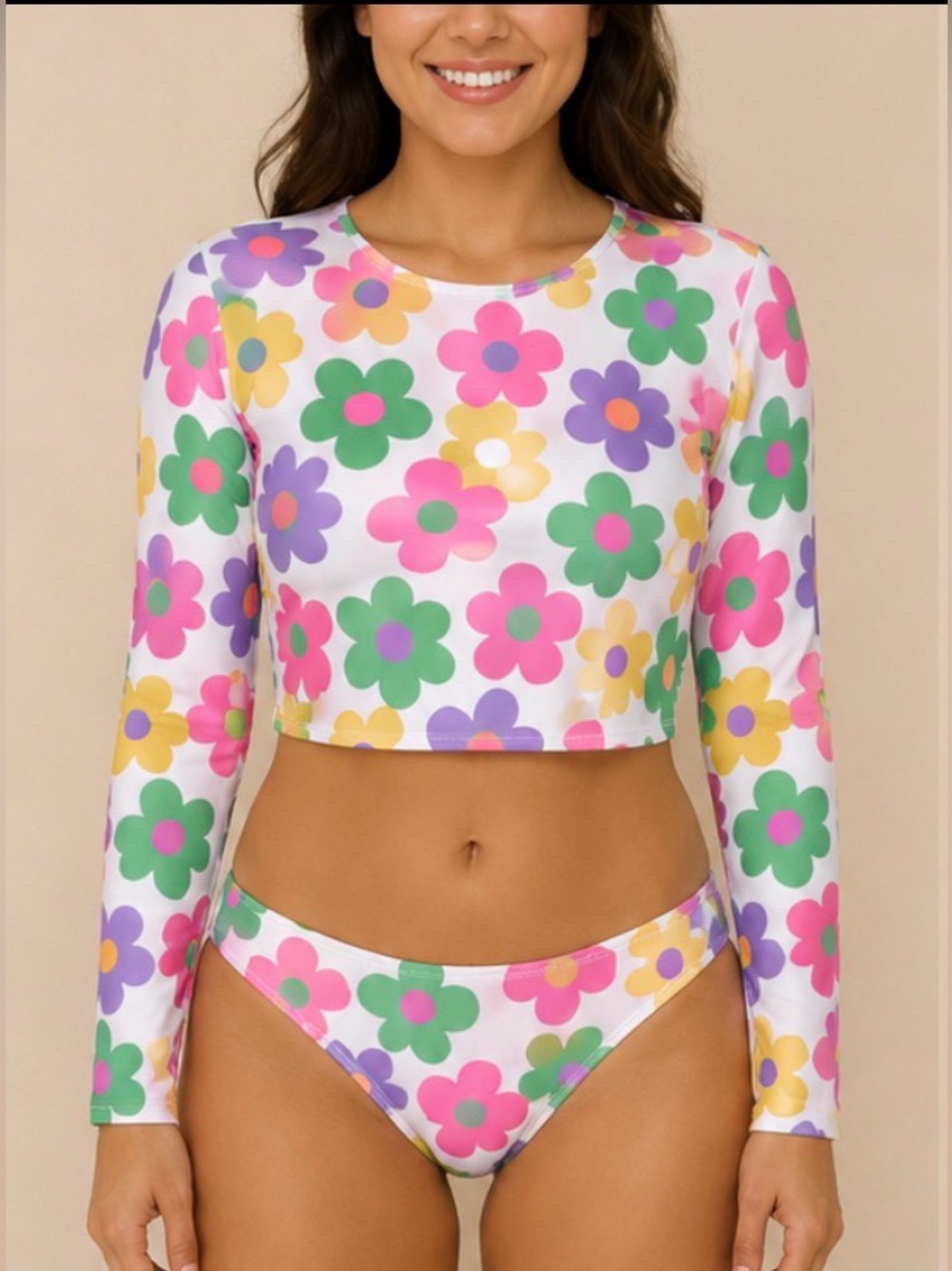 NWOT retro floral long sleeve open back bikini Size Large colorful swimsuit